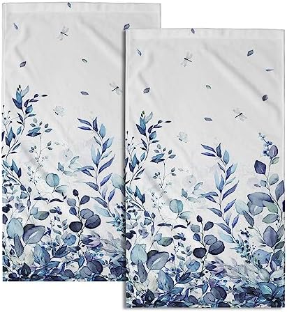 Blue Eucalyptus Leaves Hand Towels Set of 2, Botanical Leaf Floral Face Towel 28X14 inch, Quick Dry Super Absorbent Soft Washcloths for Kitchen Bathroom Yoga Workout Gym