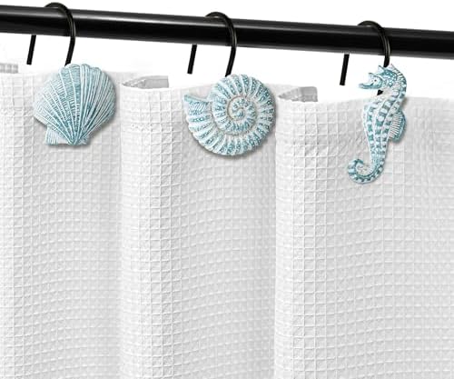 Sunlit Seashells Decorative Shower Curtain Hooks, Aqua Blue Ocean Creatures Coastal Shower Curtain Rings with Black Hooks, Resin, Nautical Bathroom Decoration Beach Shower Curtain Hooks, Set of 12