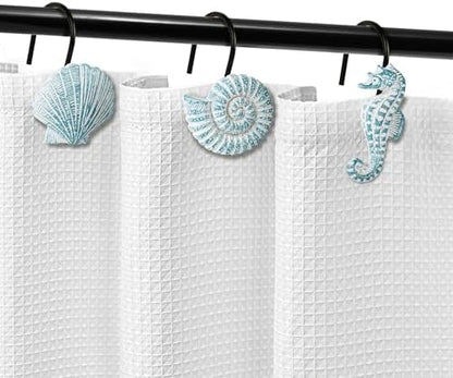 Sunlit Seashells Decorative Shower Curtain Hooks, Aqua Blue Ocean Creatures Coastal Shower Curtain Rings with Black Hooks, Resin, Nautical Bathroom Decoration Beach Shower Curtain Hooks, Set of 12