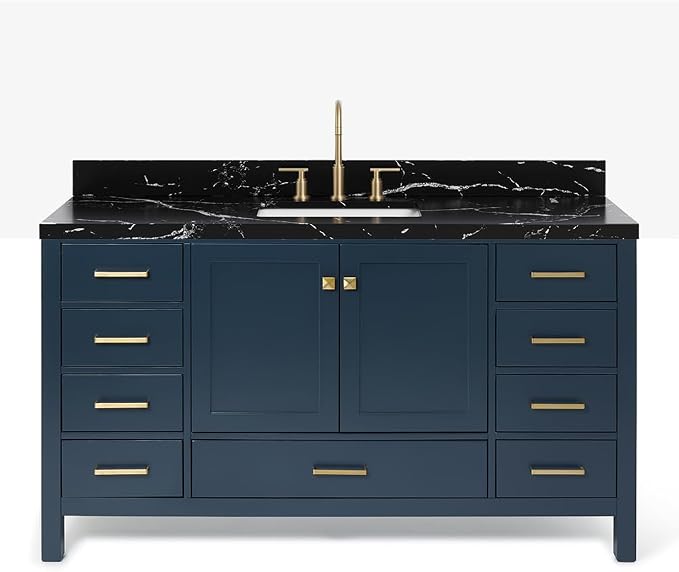 ARIEL Cambridge 60 Inch Single Rectangle Sink Bathroom Vanity with Nero Marquina Black Quartz Countertop 1.5 Inch in Midnight Blue