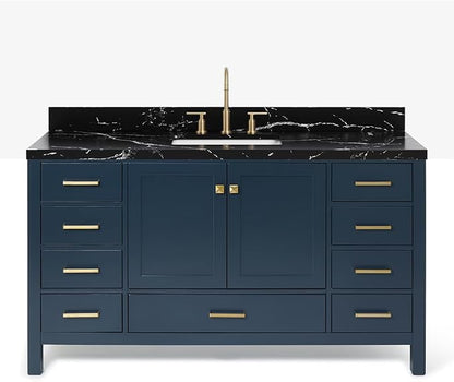 ARIEL Cambridge 60 Inch Single Rectangle Sink Bathroom Vanity with Nero Marquina Black Quartz Countertop 1.5 Inch in Midnight Blue