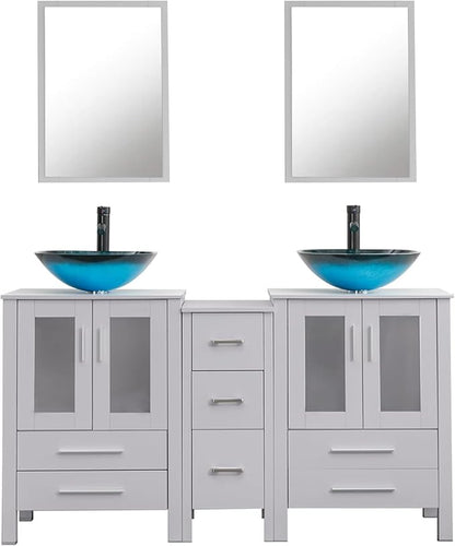 UEV 60" Double Sink Bathroom Vanity,Grey Bathroom Vanity with Double Side Vanity Cabinets & Removable 3 Drawer Storage Cabinet,Modern Vessel Sink,Mirror Not Included(A10)