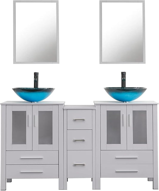 UEV 60" Double Sink Bathroom Vanity,Grey Bathroom Vanity with Double Side Vanity Cabinets & Removable 3 Drawer Storage Cabinet,Modern Vessel Sink,Mirror Not Included(A10)