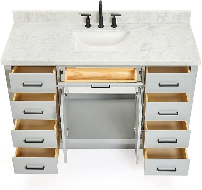 DKB Isabella 54" Grey Single Bathroom Vanity with Sink, 1.5" Italian Carrara Marble Countertop, Rectangular Undermount Sink, 2 Soft Closing Doors, 9 Dovetail Drawers