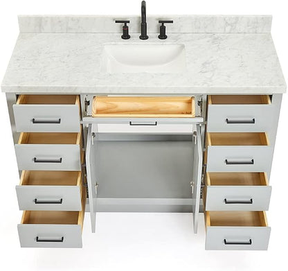 DKB Isabella 54" Grey Single Bathroom Vanity with Sink, 1.5" Italian Carrara Marble Countertop, Rectangular Undermount Sink, 2 Soft Closing Doors, 9 Dovetail Drawers