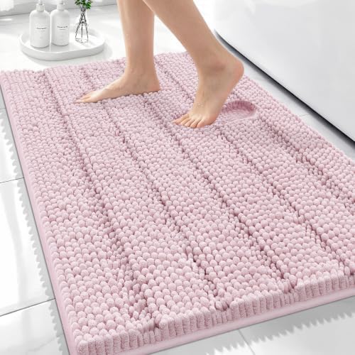 Bcoimo Bath Rug Mat,30x20 Chenille Non Slip Pink Bathroom Floor Shower Mats