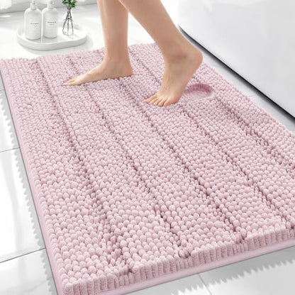 Bcoimo Bath Rug Mat,30x20 Chenille Non Slip Pink Bathroom Floor Shower Mats