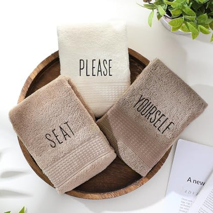 FuWeave 3 Pcs Decorative Hand Towels Bathroom, Brown, Please Seat Yourself