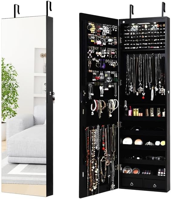 Moccha Wall Door Jewelry Armoire, Full Screen Jewelry Cabinet for Bedroom, Lockable Jewelry Cabinet, Jewelry Organizer Storage with 2 LED Lights and 2 Drawers, Black