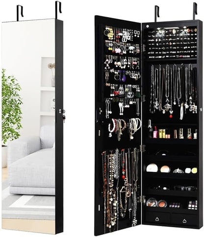 Moccha Wall Door Jewelry Armoire, Full Screen Jewelry Cabinet for Bedroom, Lockable Jewelry Cabinet, Jewelry Organizer Storage with 2 LED Lights and 2 Drawers, Black