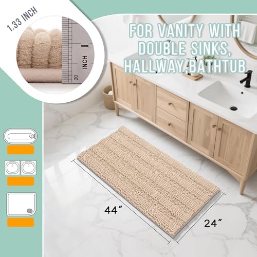 Yimobra Bathroom Rug Mat 44 x 24, Non Slip and Super Absorbent Bath Mat,Machine Washable Quick Dry,Ultra Plush Chenille Shower Rugs for Bathroom Floor Sink Tub and Shower Outside, Beige
