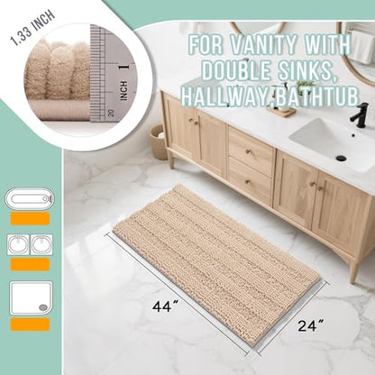 Yimobra Bathroom Rug Mat 44 x 24, Non Slip and Super Absorbent Bath Mat,Machine Washable Quick Dry,Ultra Plush Chenille Shower Rugs for Bathroom Floor Sink Tub and Shower Outside, Beige
