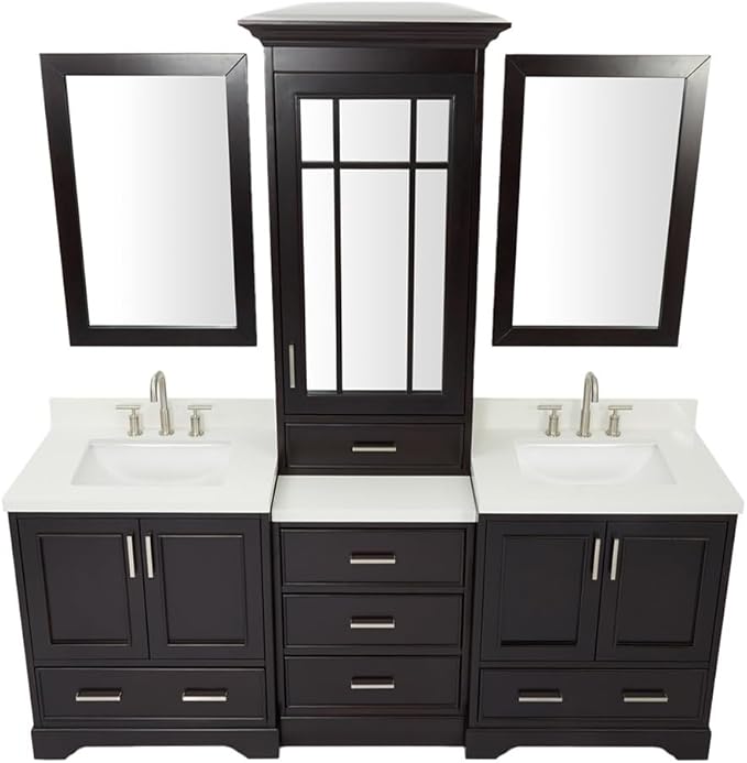 ARIEL Stafford 84-inch Bathroom Vanity with Sink,Solid Wood, 1.5-inch Pure White Quartz Countertop, Double Rectangular Porcelain Sink, 5 Soft Closing Doors, 6 Dovetail Drawers, Espresso