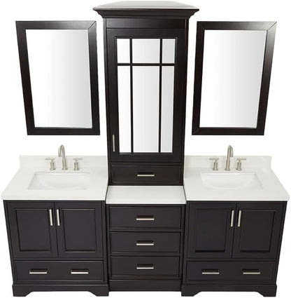 ARIEL Stafford 84-inch Bathroom Vanity with Sink,Solid Wood, 1.5-inch Pure White Quartz Countertop, Double Rectangular Porcelain Sink, 5 Soft Closing Doors, 6 Dovetail Drawers, Espresso