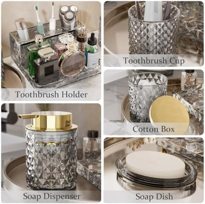 Glass Bathroom Accessories Set 5Pcs Crystal Black, Foaming Soap Dispenser, Soap Dish, Cup, Acrylic Toothbrush Holder with Tray Organizer, Cotton Swab Jar, Bathroom Counter Set Sink Decor
