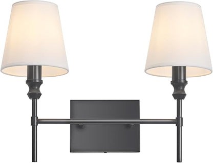 Bathroom Vanity Light,Vintage Bathroom Lighting Fixture Over Mirror,2-Light Black Vanity Light,Double Wall Sconce With Flared White Fabric Lampshade For Bedroom,Living Room,Hardwired, E12 Base
