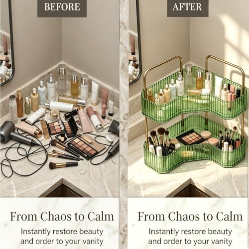 2-Tier Corner Bathroom Organizer, Skincare Vanity Counter Shelf Green