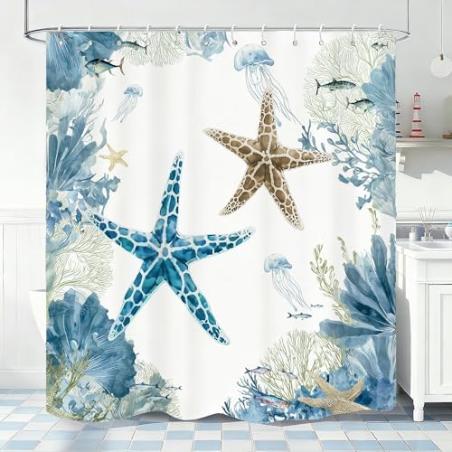 Green Beach Shower Curtain for Bathroom, Ocean Coastal Theme, 72x72 In
