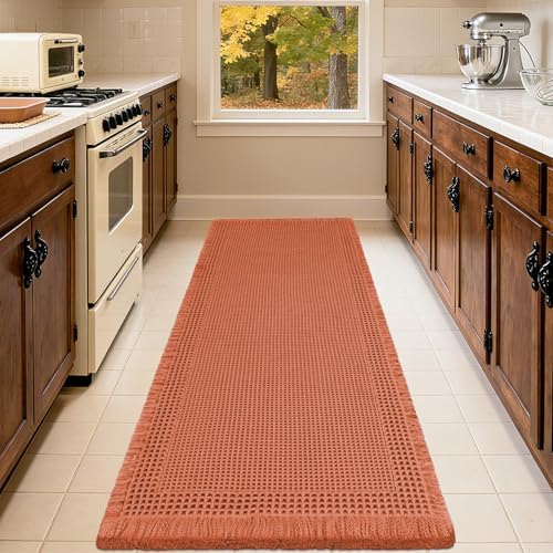IM HOME Extra Large Waffle Bath Mat, Boho Bathroom Rugs Absorbent Non Slip, Ultra Soft Bathroom Mat,Machine Washable Knit Bath Rug with Border for Bathroom,Bedroom,Kitchen,Shower, 6'x2', Burnt Orange