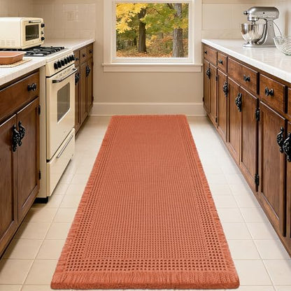 IM HOME Extra Large Waffle Bath Mat, Boho Bathroom Rugs Absorbent Non Slip, Ultra Soft Bathroom Mat, Machine Washable Knit Bath Rugs with Border for Bathroom,Bedroom,Kitchen,Tub, 5'x2', Burnt Orange