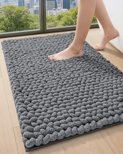 DEXI Bathroom Rugs 30x17, Non Slip Washable Chinelle Bath Mat, Grey