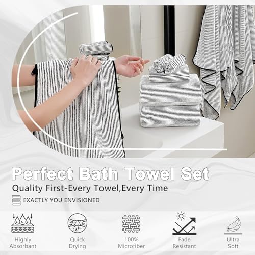 2 Pack Striped Microfiber Bath Towels, 27 x 55 Inches Large Quick Dry Absorbent Shower Towel Set, Minimalist Thin Stripe Soft Lightweight Decorative Linen for Bathroom Spa Gym Beach Travel