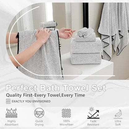2 Pack Striped Microfiber Bath Towels, 27 x 55 Inches Large Quick Dry Absorbent Shower Towel Set, Minimalist Thin Stripe Soft Lightweight Decorative Linen for Bathroom Spa Gym Beach Travel