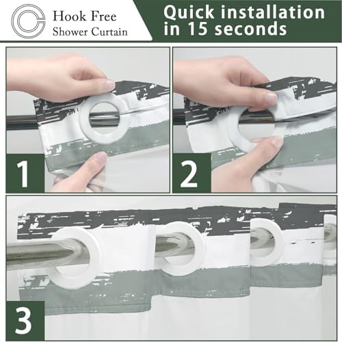 No Hook Shower Curtain with Liner, Dark Green Stripe, 71x74 Inch