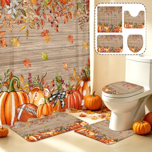 MEHOFOND Fall Shower Curtain Set 4-Piece Pumpkin Wood Bathroom Set