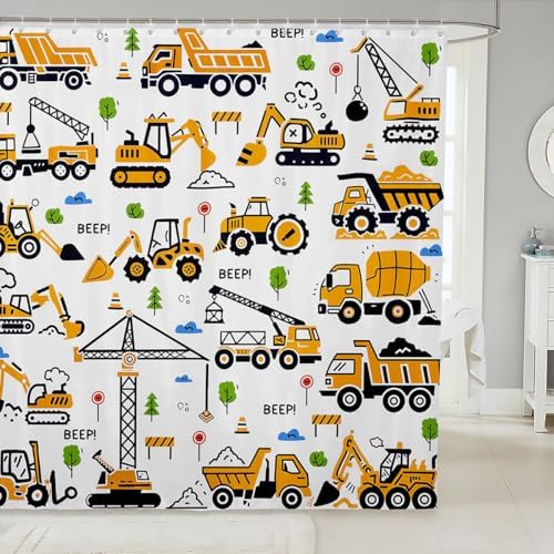 Feelyou Construction Truck Shower Curtain Kids Boys Cartoon Excavator Vehicle Tractor Cars Bathroom Waterproof Accessories with 12 Hooks 72x84 Inches Machinery Equipment Yellow Decor