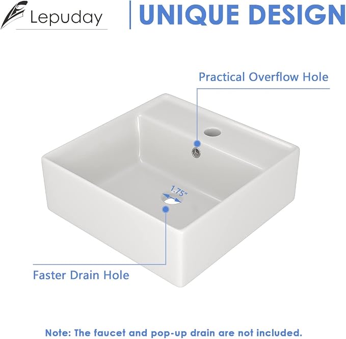 Wall Mounted Vessel Sink 18"x18" Ceramic Floating Bathroom Sink | Floating Wall Hung Sinks Modern Porcelain Wall Hung Sink Wash Hand Basin Vanity Sink with Overflow