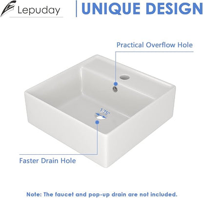 Wall Mounted Vessel Sink 18"x18" Ceramic Floating Bathroom Sink | Floating Wall Hung Sinks Modern Porcelain Wall Hung Sink Wash Hand Basin Vanity Sink with Overflow