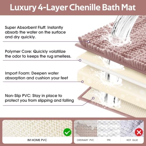 ACCUMTEK Striped Dusty Pink Bathroom Rug Mat Set 2 piece 24"x17"+48"x20" Ultra Soft, Non Slip Chenille Bath Rugs, Absorbent Plush Shaggy Bath Mats for Bathroom, Bedroom, Kitchen, Shower, Tub