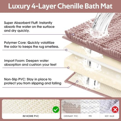 ACCUMTEK Striped Dusty Pink Toilet Bathroom Rug Mat Set 2 piece Rug Ultra Soft, Non Slip Chenille Bath Rugs, Absorbent Plush Shaggy Bath Mats for Bathroom, Bedroom, Kitchen, Shower, Tub