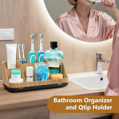 GFWARE Bathroom Toothbrush Holder Set with 2 Pack Qtip Holder Dispenser - 7 Slots Kids Bathroom Accessory Sets with Drainage, Q Tip Holder for Bathroom Sink Counter Accessories Set