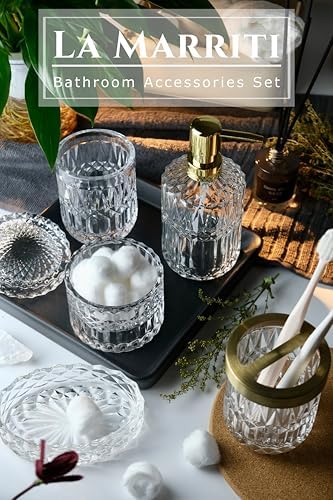 LaMarriti Clear Bathroom Accessories Set, 5pcs Crystal Glass Bathroom Set