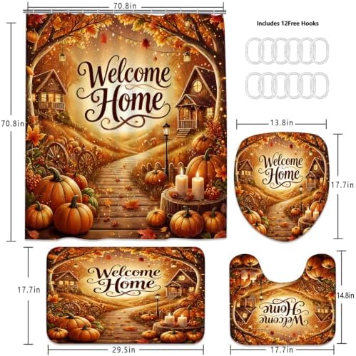 Yddsky 4PCS Fall Maple Pumpkin Shower Curtain Sets for Bathroom,72x72 Inch