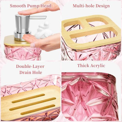 Pink Bathroom Accessories 7 Pcs, Pink Bathroom Set, Acrylic Soap Dispenser and Toothbrush Holder Set, Qtip Holder Set, Bathroom Sink Set, Gift for Home Apartment