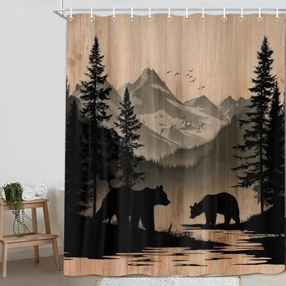 Rustic Cabin Shower Curtain, Mens Outdoor Bear Forest Wildlife Country Farmhouse Bath Curtains, Hunting Camping Camper RV Waterproof Fabric Bathroom Decor Accessories Set with Hooks,70X75IN