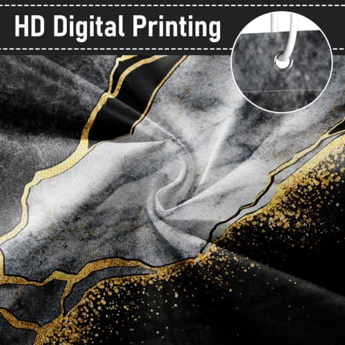 Black Marble Shower Curtain Modern Abstract Luxury Gold Ink Texture Gray Ombre Watercolor Bathroom Curtain Set with Hooks Soft and Lightweight Waterproof Fabric Machine Washable 36" Wx72 L