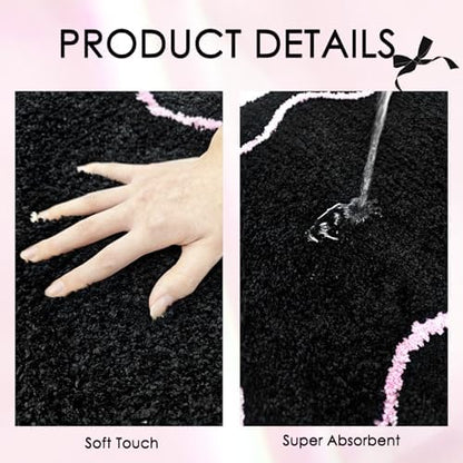 Mocsicka Pink Bow Bath Mat Cute Bow Bathroom Rug Super Soft Absorbent Black Pink Bathroom Rugs Non Slip Bath Mat Machine Washable Rug for Bathrooms 20x32 inches