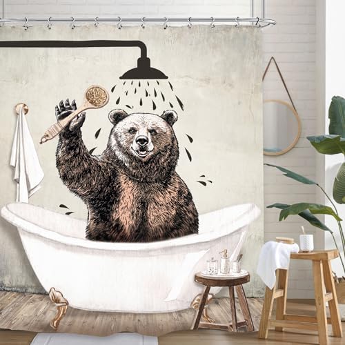 Funny Bear Shower Curtain 60Wx72L Inch Farmhouse Rustic Vintage Wild Cute Animal Kids Antique Bathroom Set Accessories Decor with 12 Pack Hooks