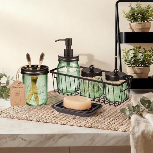 SheeChung Mason Jar Bathroom Accessories Set, 6Pcs Green Glass Bathroom Set