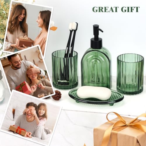Bathroom Accessories Set, 4Pcs Glass Bathroom Accessories Set Complete, 13.5OZ Lotion Soap Dispenser, Toothbrush Holder, Mouthwash Cup, Soap Dish for Bathroom Decor, Countertop Organizer (Green)