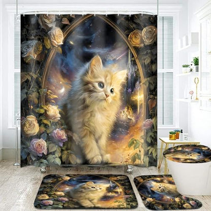 4Pcs Cat Milky Way Shower Curtain Sets with Non-Slip Rugs,Toilet Lid Cover and Bath Mat,Rose Castle Pattern Home Bathroom Decor Set Accessories Waterproof Shower Curtains with 12 Hooks,72 x 72 Inch