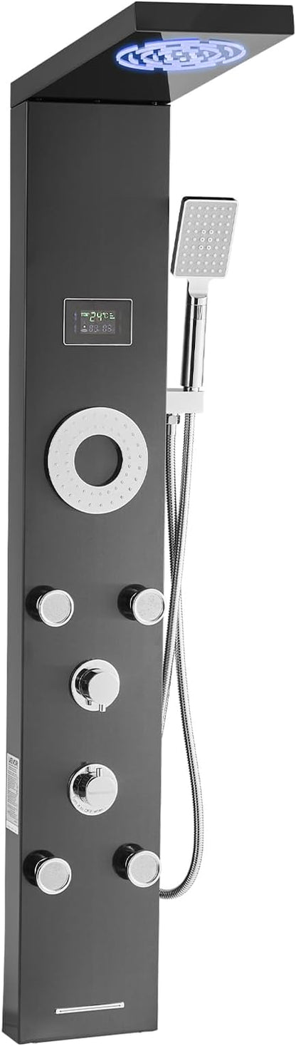 VEVOR Shower Panel Tower System with Rainfall Shower Head, LED, 53 in Brushed Stainless Steel Shower Column, 6-Function Faucet, Wall-Mount Rain Massage System with 5 Body Jets, Handheld, Tub Spout