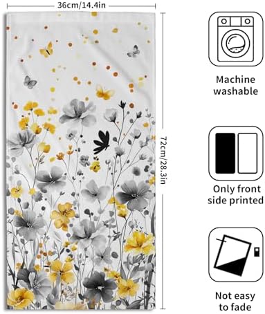 Spring Floral Hand Towels 14x28 Inch Set of 2 Watercolor Grey Yellow Wildflowers Absorbent Soft Dish Washing Cloth Tea Towels for Home Kitchen Bathroom Gym Hotel Spa Decor