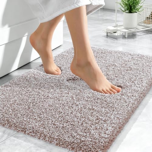 OLANLY Microfiber Bathroom Rugs 24x16, Quick Dry Bath Mat, Mocha and White