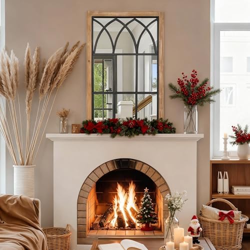 Rustic Window Mirror for Wall Decor, Wooden Frame Decorative Wall Mirror