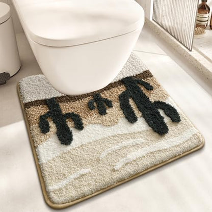 Desert Cactus Toilet Mat, U-Shaped Non-Slip Bath Rug with Soft Absorbent Microfiber, Beige Brown Bathroom Floor Mat for Toilet Base, Machine Washable Bathroom Decor 22x20 Inch